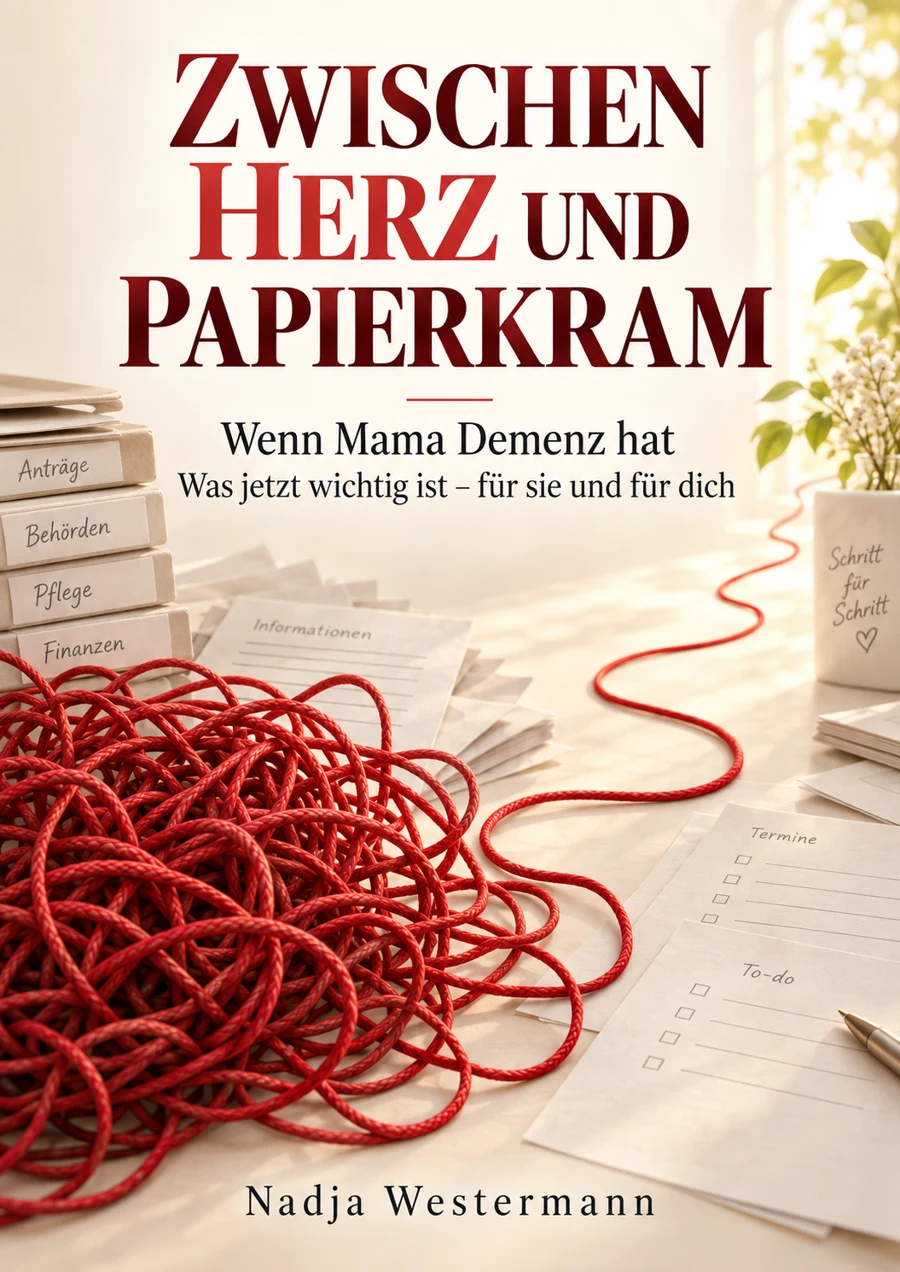 Buchcover: Zwischen Herz und Papierkram. Wenn Mama Demenz hat. Nadja Westermann. Ein roter Faden führt aus einem Knäuel durch Unterlagen zum Licht.