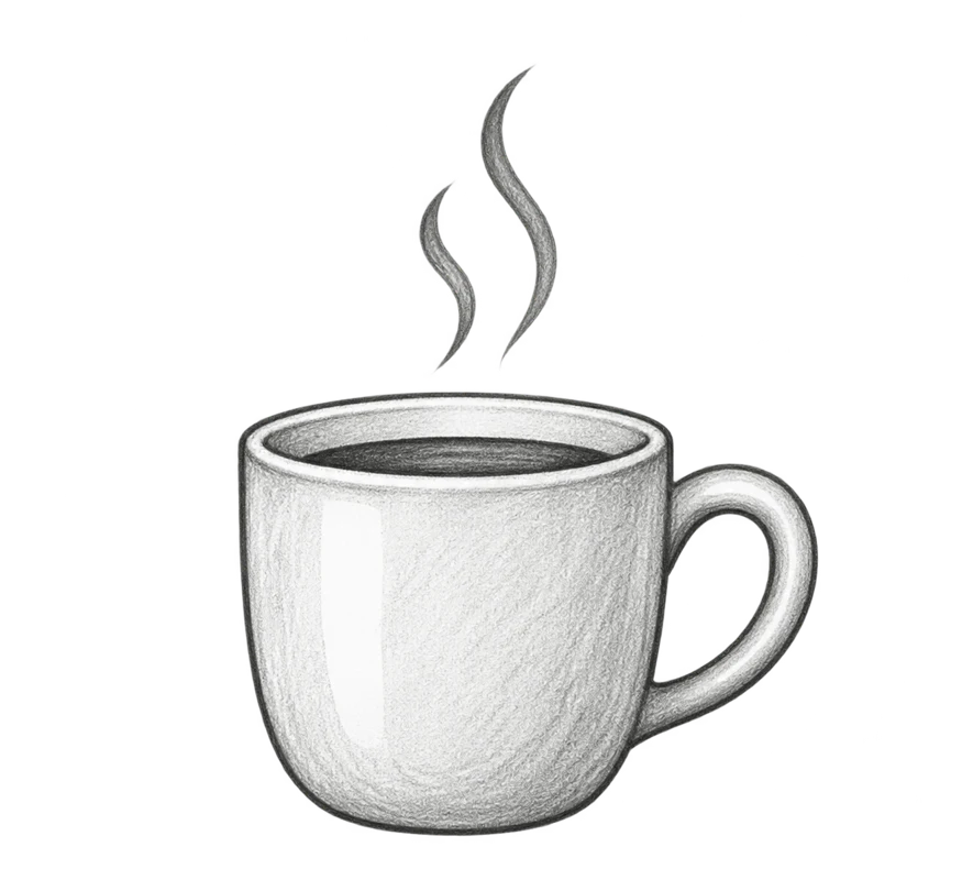 Eine gezeichnete Tasse mit aufsteigendem Dampf